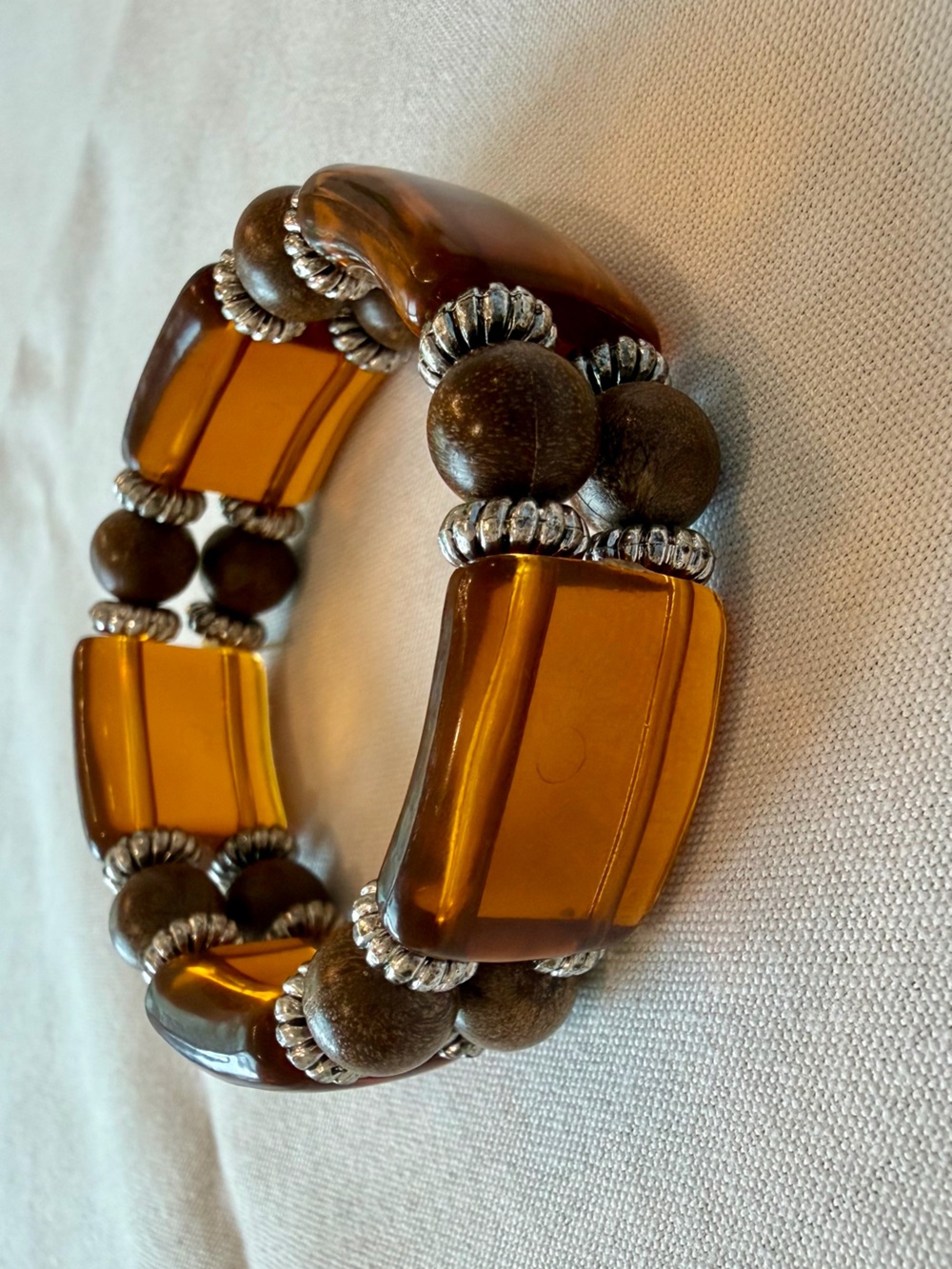 Amber Glass & Wood Bead Stretch Bracelet - Amber Brown